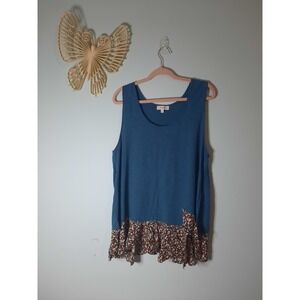 Umgee Plus Womens Blue Sleeveless Tank Top Floral Ruffle Hem Boho Scoop Neck 2XL